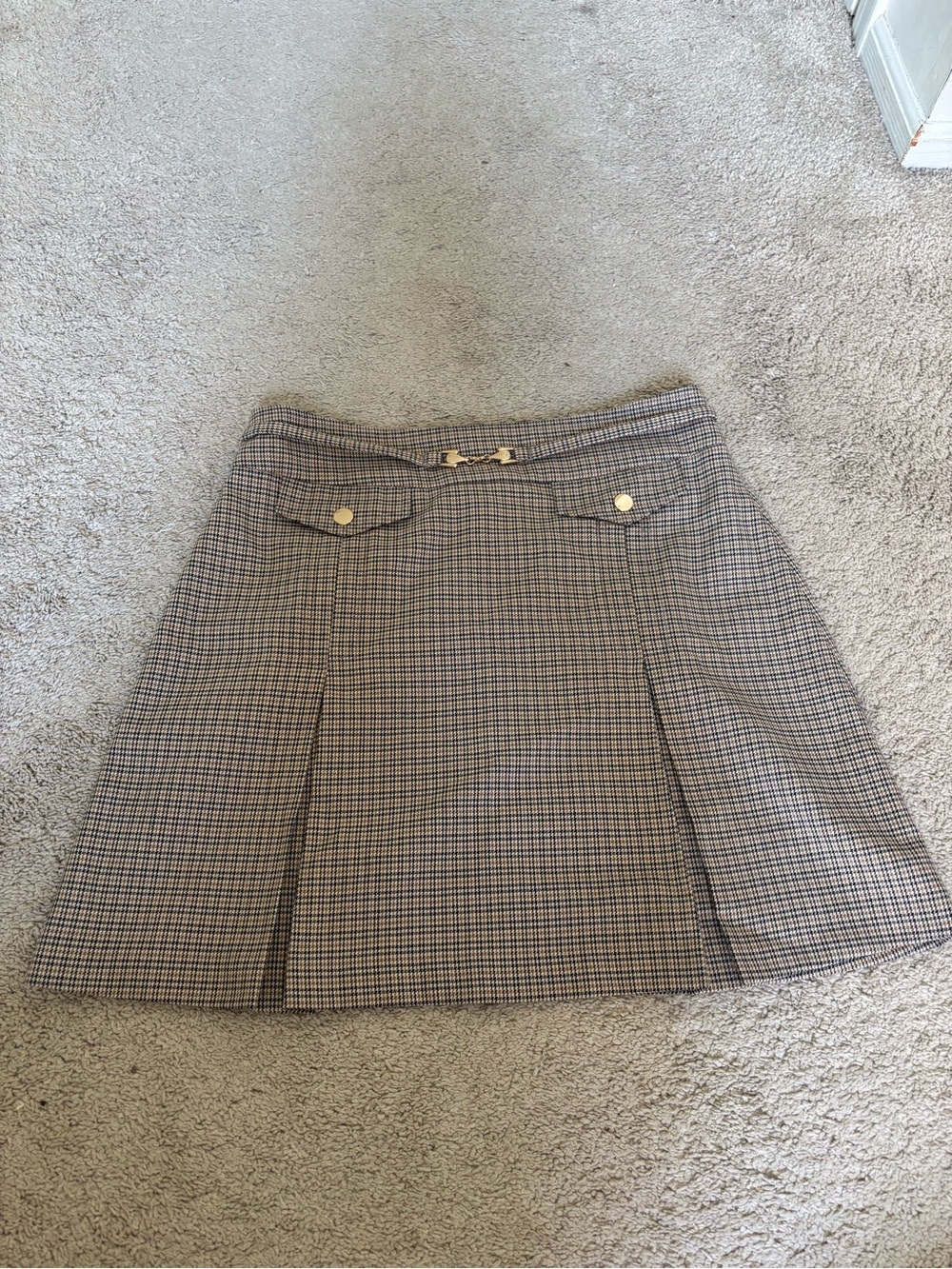 Topshop Plaid A-Line Skirt in Brown and Black with Gold Accents